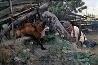 Hunter and Fox (1883) painting in high resolution by Bruno Liljefors. Original from The Thiel Gallery. 