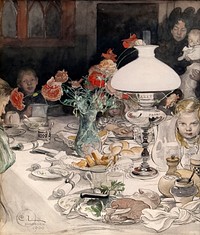 Around the Evening Lamp (1900) painting in high resolution by Carl Larsson. Original from the Thiel Gallery. 