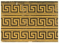 Greek key design printed in black on embossed gold ground (1840s) wallpaper design. 