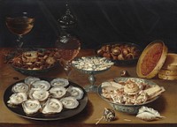 Dishes with Oysters, Fruit, and Wine (ca. 1620–1625) by Osias Beert the Elder.  