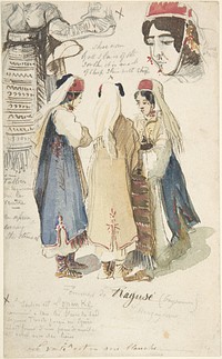 Peasant Women from Ragusa (1848–1866) painting in high resolution by Edward Lear.  