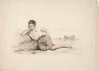 Kiveä vasten makaava italialainen poika lahden rannalla, 1850 - 1855 by Anders Ekman
