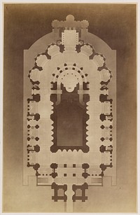 Projet pour le Sacré-Coeur (plan). Reproduction du dessin d'Abadie en 1874. Paris (XVIIIème arr.). Tirage sur papier albuminé à partir d'un négatif sur verre au collodion humide. 1874-1879. Photographie de Charles Marville (1813-1879). Paris, musée Carnavalet.