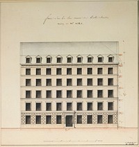 Anonyme. Elévation de la maison de Mr Millot, face sur la rue Bellechasse. Paris (VIIème arr.). Plume, lavis d'encre de chine, rose et bleu. Paris, musée Carnavalet.