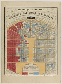 Burty. "Assemblée nationale législative 1849-1852 avec indication du nom et de la nuance politique des représentants à la place qu'ils occupent (V. Hugo en bleu)". Eau-forte coloriée. Paris, musée Carnavalet.