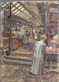 Frédéric-Anatole Houbron (1851-1908). "Le marché des Enfants rouges, rue de Bretagne". Peinture sur enduit frais sur carton, 1907. Paris, musée Carnavalet.  