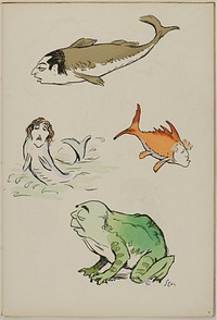 Sem (Georges Goursat, dit - 1863-1934)/J. Saudé. "Album Sem à la mer : quatre personnages non identifiés, sous la forme de grenouille et de poisson". Lithographie en couleur. Paris, musée Carnavalet.