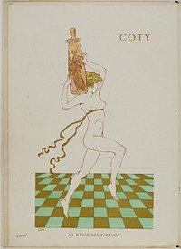 Sem (Georges Goursat, dit - 1863-1934)/Jean Saudé. "Album Tangoville-sur-mer - La danse des parfums; Sur un carrelage vert et or une femme danse, vêtue d'un ruban sous les seins et portant un vase sur l'épaule". Lithographie en couleur. Paris, musée Carnavalet.