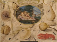 "Venus disarming Amor" in a medallion surrounded by plants, fruits, insects and shellfish (ca. 1593&ndash;1597) painting in high resolution by Joris Hoefnagel. 