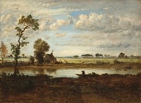 Landscape with Boatman (ca.1860) painting in high resolution by Théodore Rousseau. 