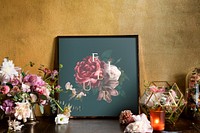 Floral frame mockup by the yellow wall