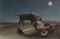 Henri Rousseau's The Sleeping Gypsy (La Bohémienne endormie) (1897) famous painting. Original from Wikimedia Commons. 