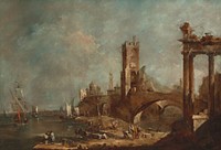 Francesco Guardi's Capriccio of a Harbor (c. 1760-1770) famous painting. 