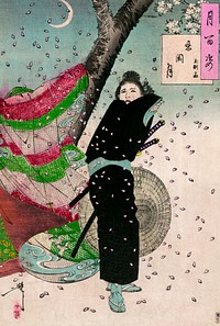 Japanese woman, The Moon of Shinobugaoka (1904) vintage woodblock prints by Yoshitoshi Tsukioka. Original public domain image from the Library of Congress.   Digitally enhanced by rawpixel.