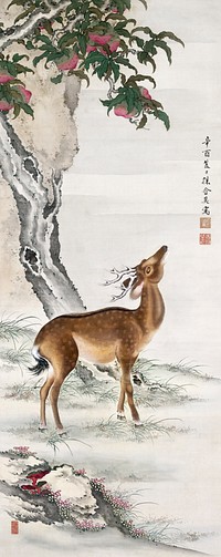 Deer under peach and pine trees (1801) vintage Japanese painting by Toda Tadanaka. Original public domain image from The Cleveland Museum of Art.   Digitally enhanced by rawpixel.