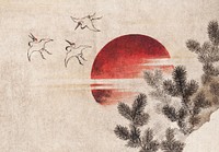 Katsushika Hokusai's birds and sunset, from Album of Sketches (1814) vintage Japanese woodblock prints. Original public domain image from The MET Museum.   Digitally enhanced by rawpixel.