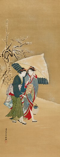 Japanese women with umbrella in snow (18th-19th century) vintage painting by Kubo Shunman. Original public domain image from The Minneapolis Institute of Art.   Digitally enhanced by rawpixel.