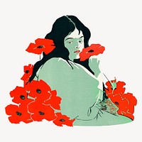 Woman with red flowers psd.  Remastered by rawpixel