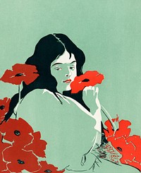 Woman with red flowers.  Remastered by rawpixel