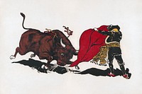 Matador and bull, aesthetic woodcut. Original public domain image from the Library of Congress. Digitally enhanced by rawpixel.