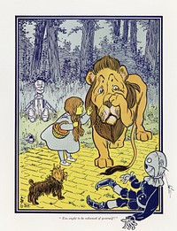 Dorothy meets the Cowardly Lion, from The Wonderful Wizard of Oz first edition (1900) by L. Frank Baum, illustrated by William Denslow's. Original public domain image from Wikimedia Commons. Digitally enhanced by rawpixel.