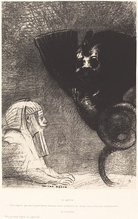 Le Sphynx...mon regard que rien ne peut devier, demeure tendu a travers les choses sur un horizon inaccessible. La Chimere: Moi,Je suis legere et joyeuse (The Sphinx: "My gaze, which nothing can deflect, passes through the things and remains fixed on an inaccessible horizon." The Chimera: "I am weightless and joyful") (1889) by Odilon Redon. 