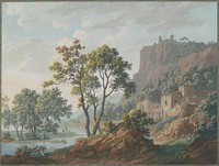 River Landscape with Castles and Fishermen (1817) by Baron Louis&ndash;AlbertGuillain Bacler d'Albe.  