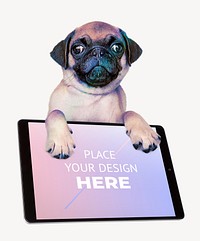 Tablet screen mockup, cute Pug, isolated digital device psd