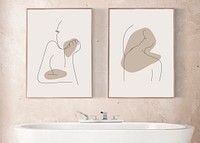 Picture frame mockup psd hanging in luxury bathroom home decor interior