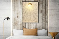 Picture frame mockup psd hanging in minimal bedroom home decor interior