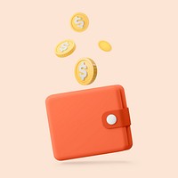 3D wallet, falling coins, savings concept psd