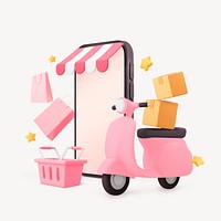 Online shopping 3D, delivery service motorcycle illustration