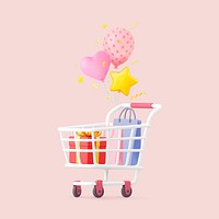 Birthday gift shopping, 3D trolley illustration psd