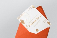 Chinese New Year invitation mockup, orange envelope psd