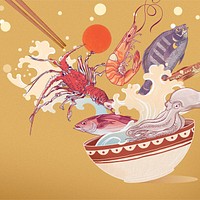 Seafood bowl splash background, Japanese food illustration