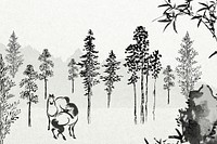 Hokusai's horses background, vintage forest ink illustration
