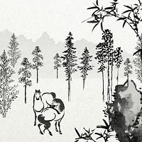 Hokusai's horses background, vintage forest ink illustration