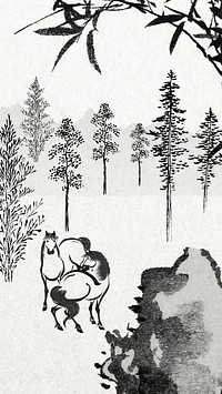 Hokusai's horses iPhone wallpaper, vintage forest ink illustration