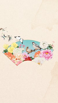 Hokusai's birds fan iPhone wallpaper, Japanese flower illustration
