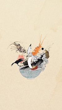 Seafood bowl splash iPhone wallpaper, Japanese food illustration