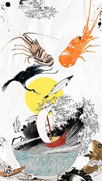 Hokusai's ocean wave iPhone wallpaper, Japanese animal remix