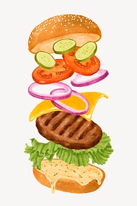 Hamburger anatomy, fast food illustration psd