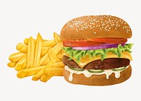 Cheeseburger and fries, fast food set psd