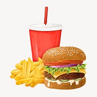 Cheeseburger and fries, fast food, drinks illustration vector