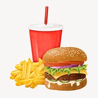 Cheeseburger and fries, fast food, drinks illustration psd