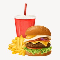 Cheeseburger and fries, fast food, drinks illustration vector