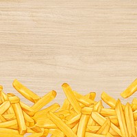 French fries border background, wooden texture design