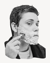 Man shaving beard, black and white photo