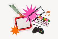 Retro video game, cassette tape, entertainment remix