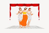 Three Graces women dancing on stage, remixed from artworks by Raphael